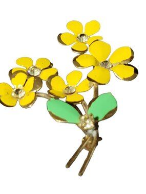 Fashion Brooch Pin Yellow Handpainted Goldtone Flowers Rhinestone Centers Green